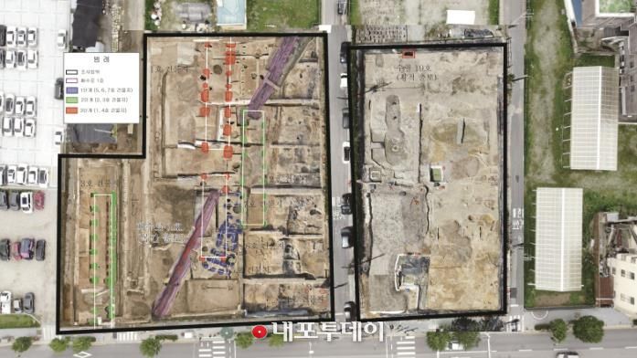 부여 관북리 유적 발굴지 전경(악기출토_수혈 19호, 목간출토_배수로1호와 수혈19호).